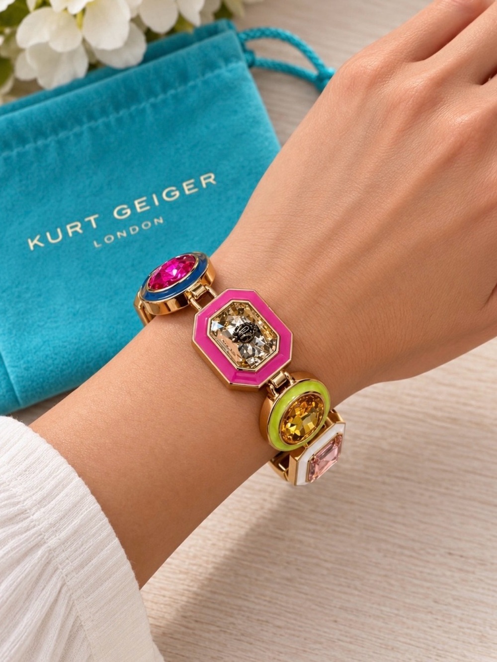 Kurt Geiger Multicolor Statement Enamel and Crystal Link Bracelet. NEW